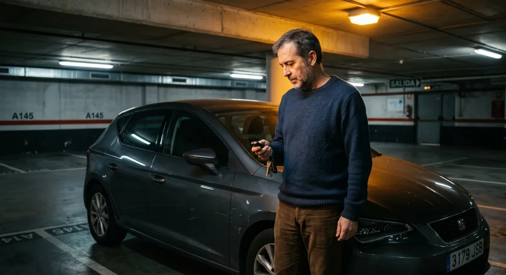 Propietario con las llaves de su coche diésel en un parking de Barcelona