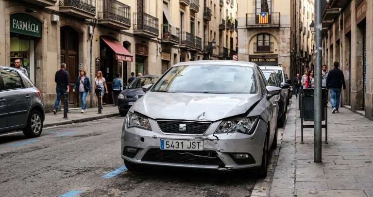 Seat León accidentado con daños en el frontal aparcado en el barrio del Born de Barcelona