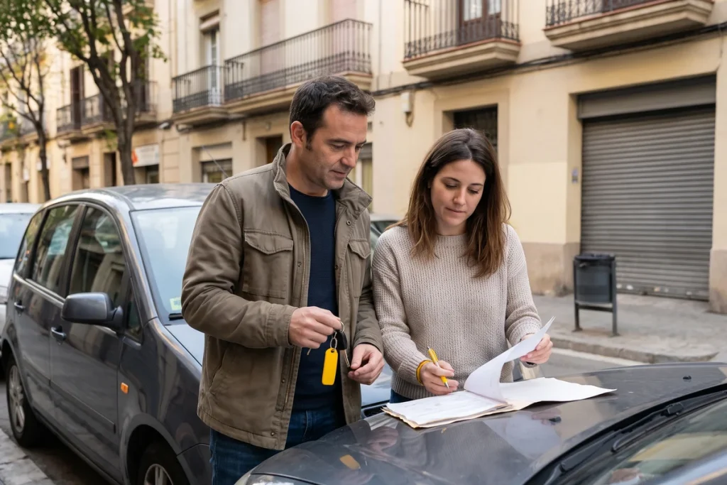 Dos hermanos revisan los papeles de un coche heredado antes de venderlo en Barcelona